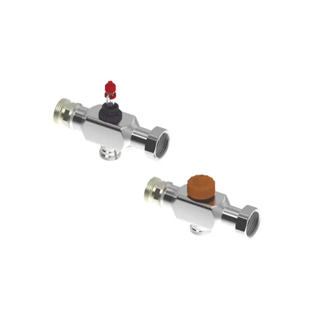Roth Thermaset Erweiterungsset für einen Heizkreis aus Edelstahl, bestehend aus zwei Ventilen mit verschiedenen Bedienelementen in unterschiedlichen Farben.